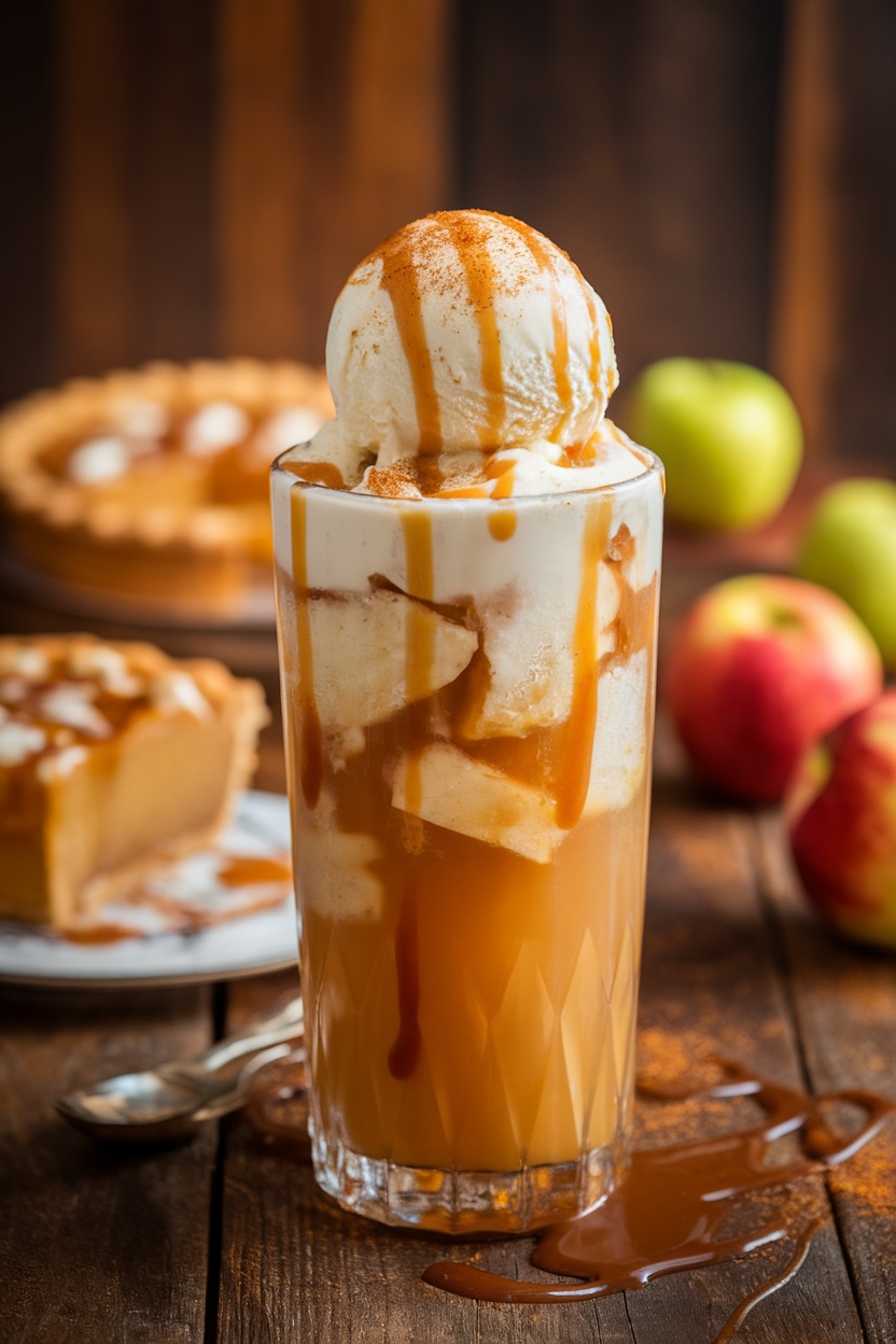 A glass of Apple Pie Float with vanilla ice cream, warm apple cider, caramel drizzle, and cinnamon.